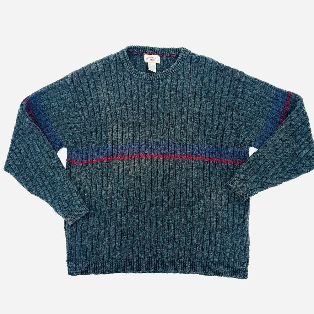 Vintage Striped Sweater Mens Large Green 90S Acrylic Cosby Ribbed Sweatshirt